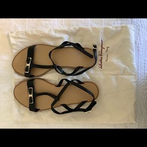 Salvatore Ferragamo Black and Tan Leather Sandals NEW